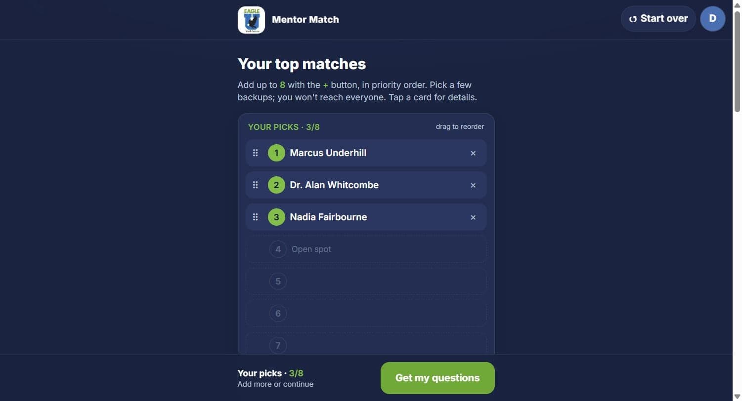 The ranked shortlist: a student's picks numbered one to eight, drag handles to reorder them, and a search across every mentor.