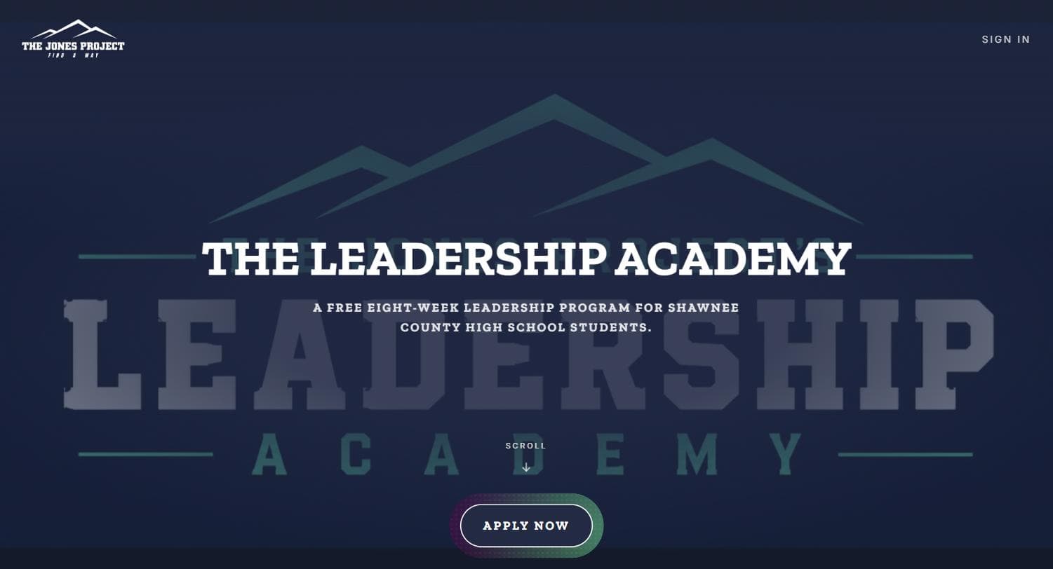 The Leadership Academy landing page: a full-screen photographic panel with the programme name and an Apply Now button.