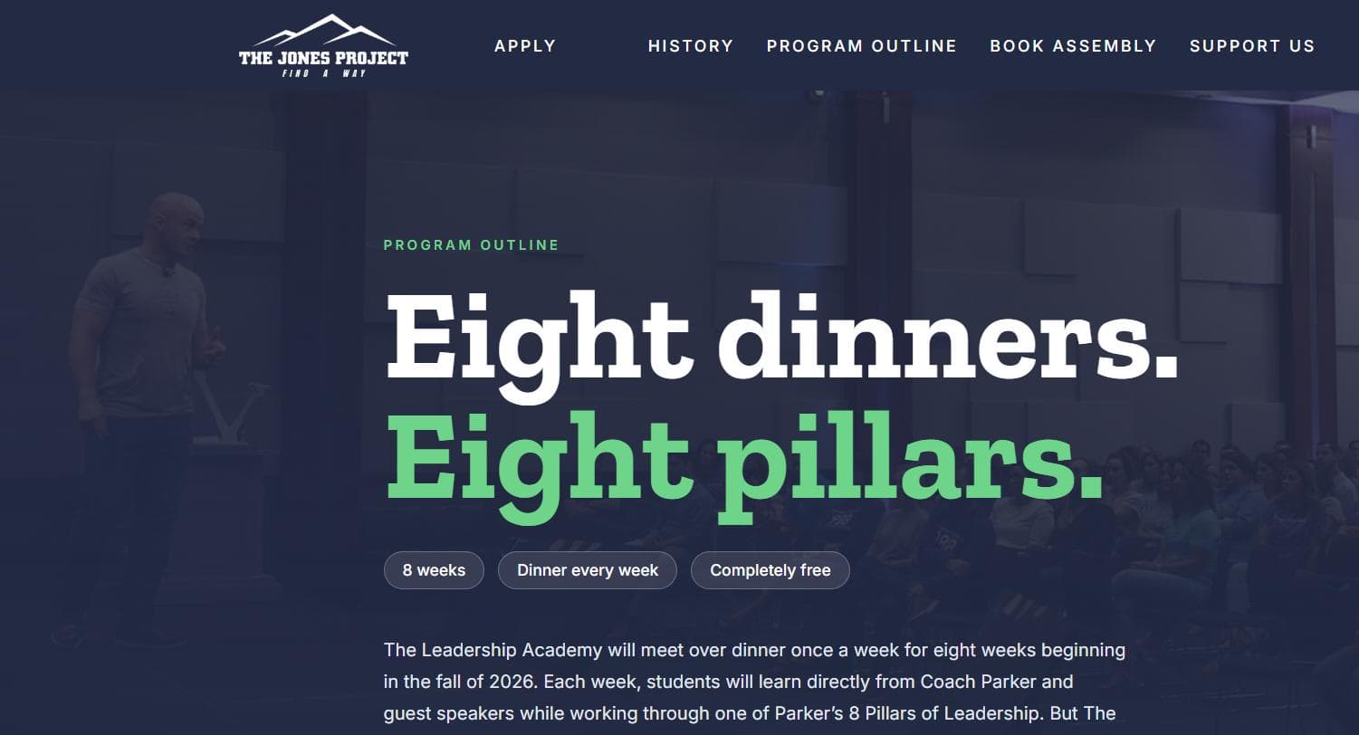 The programme outline page, headed “Eight dinners. Eight pillars.”